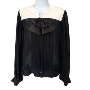 Vintage Liz Claiborne Two Tone Blouse Sz 10 Black Bow 80's Sheer Academia